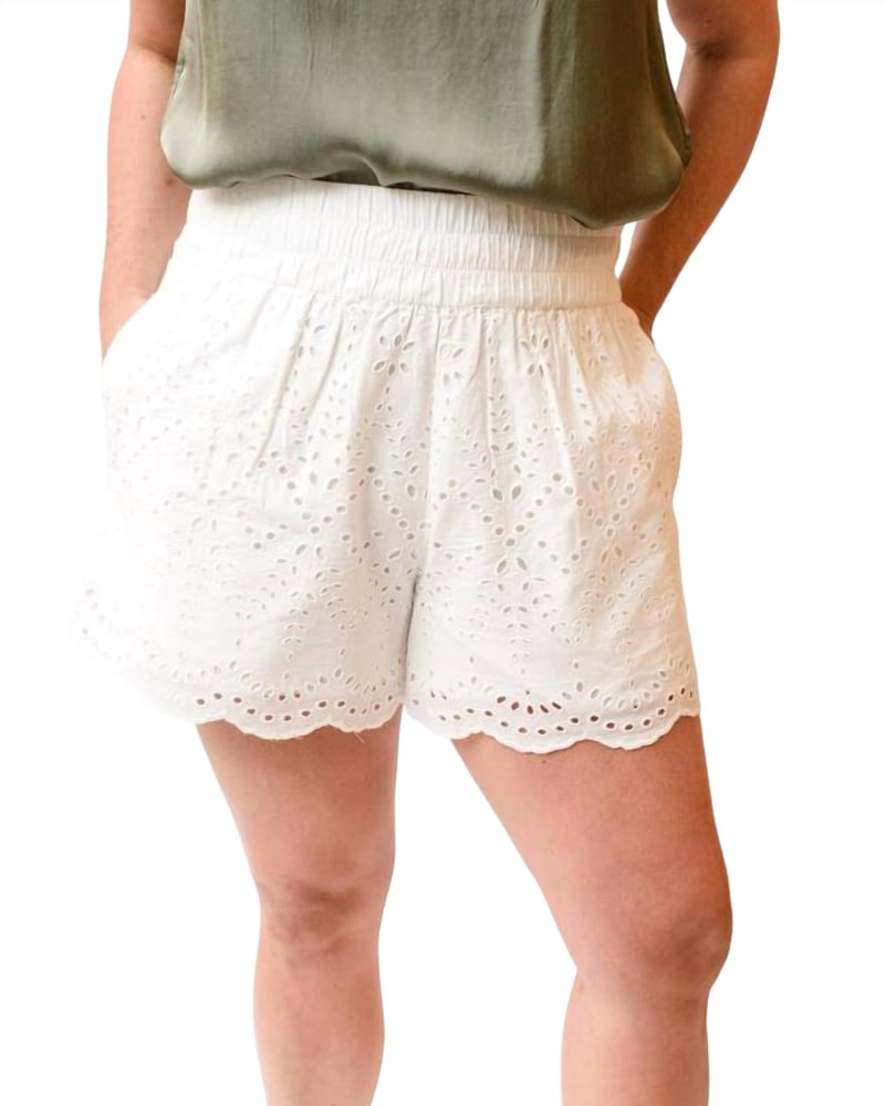 Front of a model wearing a size L Ferris Embroidered Shorts In White in White by Generation Love. | dia_product_style_image_id:353667